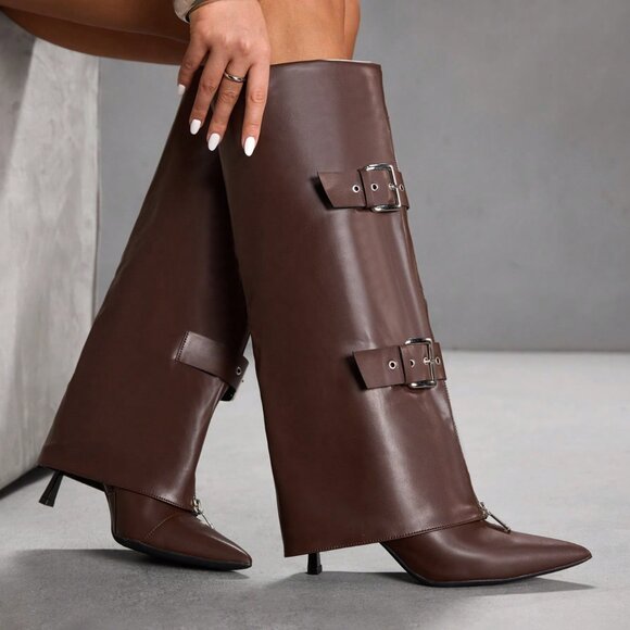 Rust Brown Casual Women's Pointed Toe Knee-High Heeled Boots - Picture 4 of 10